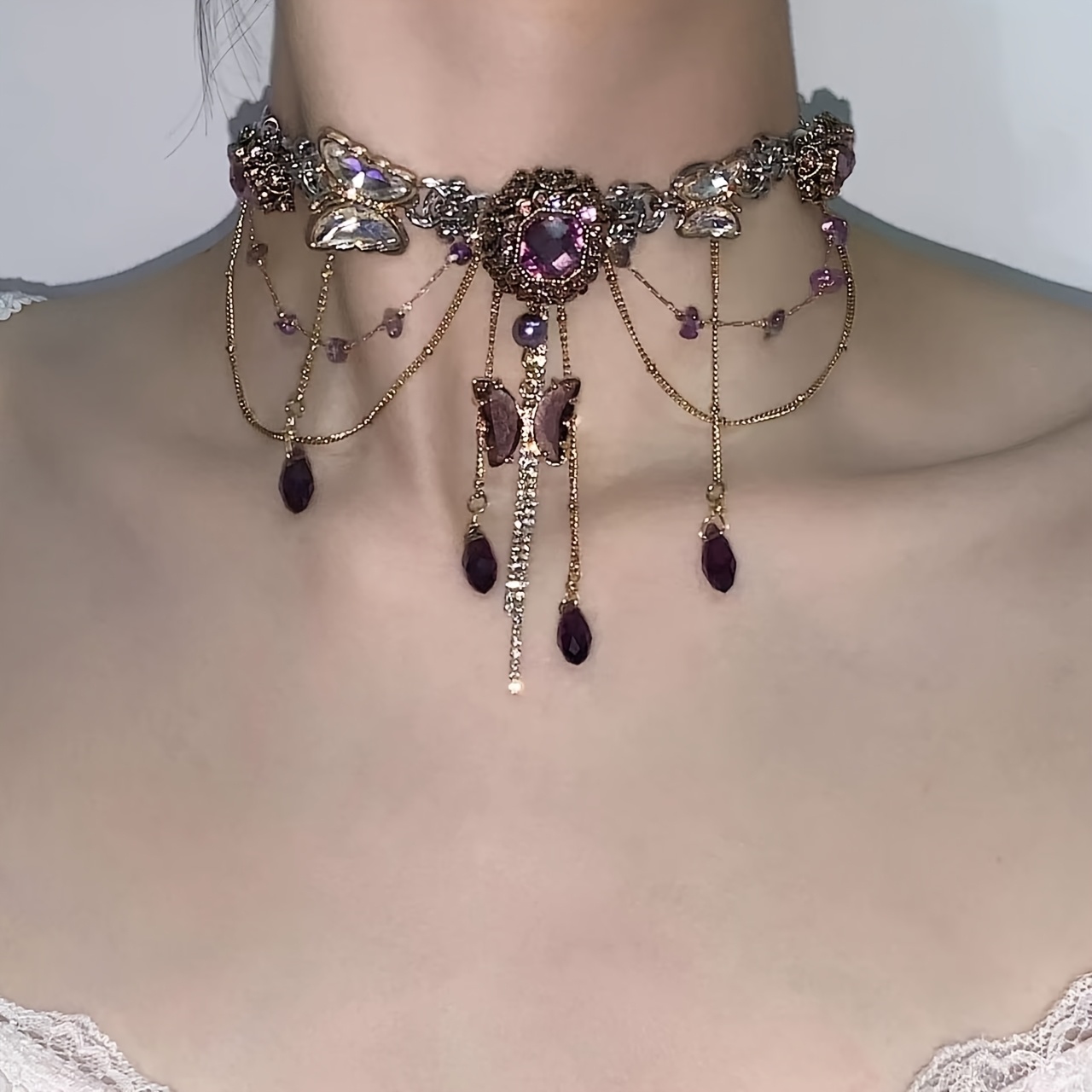Niche Purple Vintage Butterfly Multi-layered Tassel Necklace